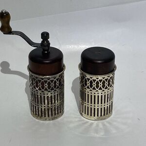 Vintage Wooden Salt & Pepper Grinder And Shaker Set With Ornate Metal Lattice Ov